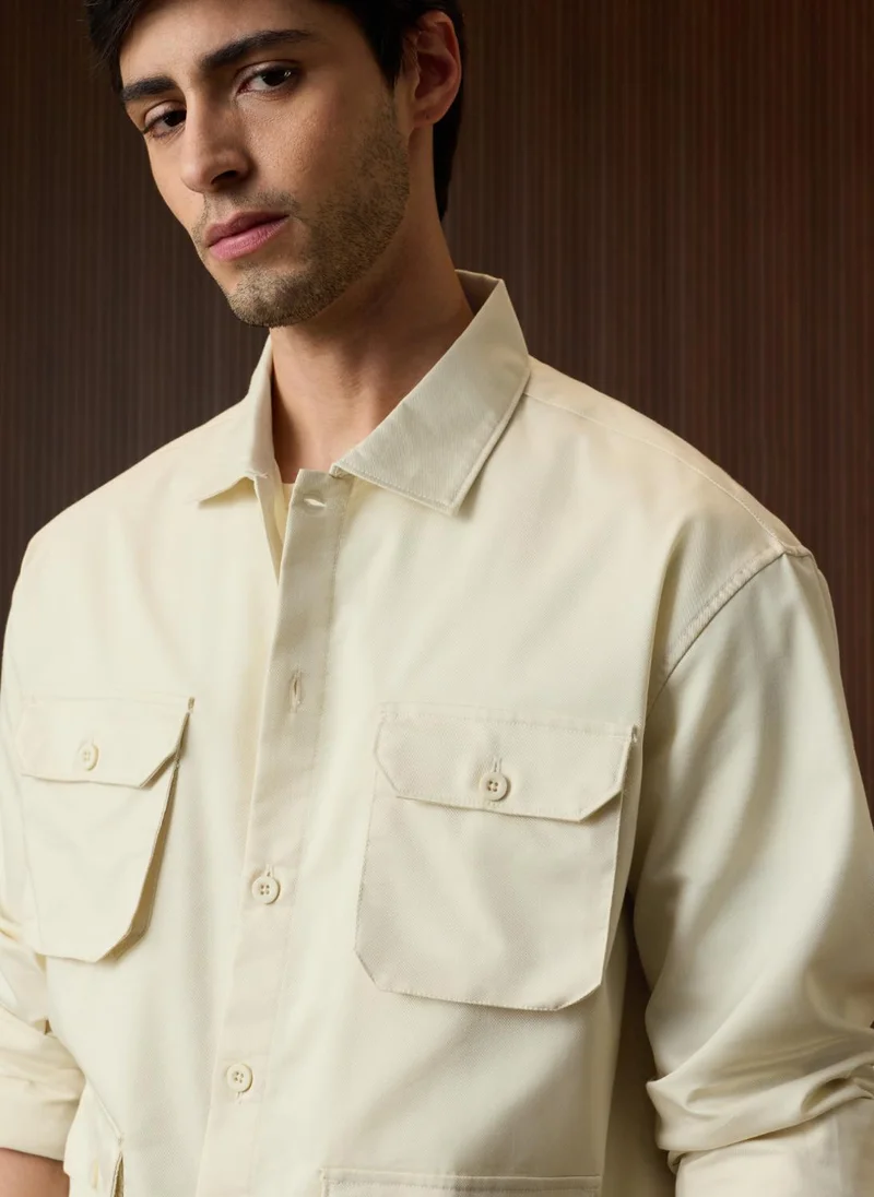 The Souled Store  The Souled Store Men Utility Overshirt: Ecru Solid Oversized Overshirts for Men | Best Price UAE