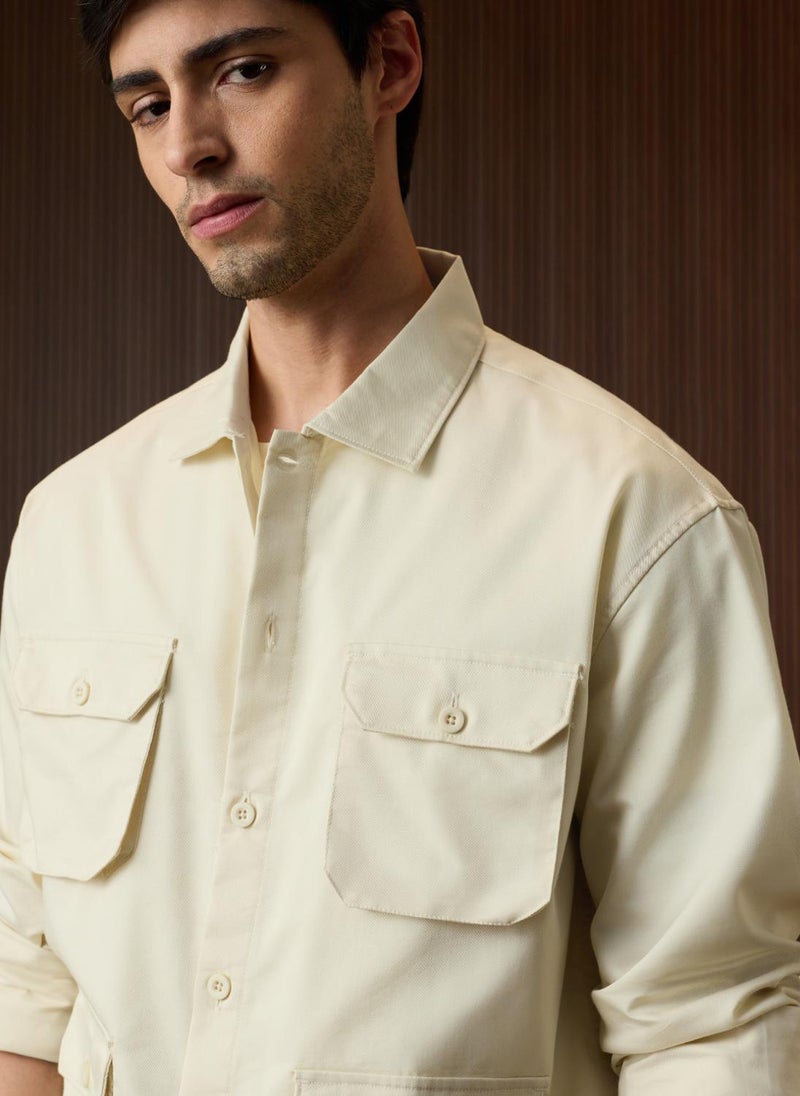 The Souled Store Men Utility Overshirt: Ecru Solid Oversized Overshirts - Image 4