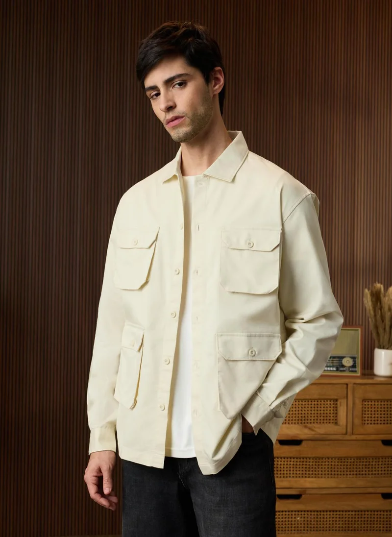 The Souled Store The Souled Store Men Utility Overshirt: Ecru Solid Oversized Overshirts