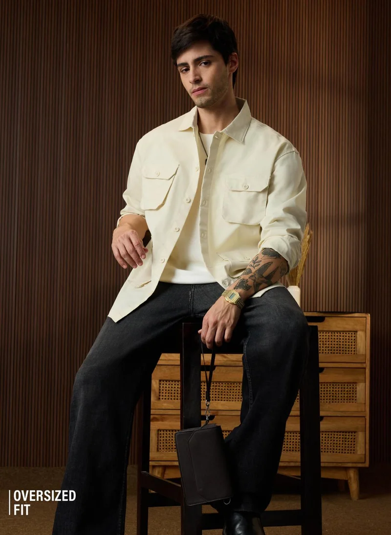 The Souled Store The Souled Store Men Utility Overshirt: Ecru Solid Oversized Overshirts