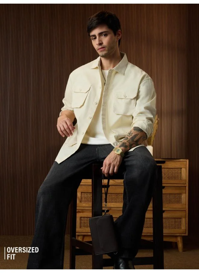 ذا سوليد ستور The Souled Store Men Utility Overshirt: Ecru Solid Oversized Overshirts