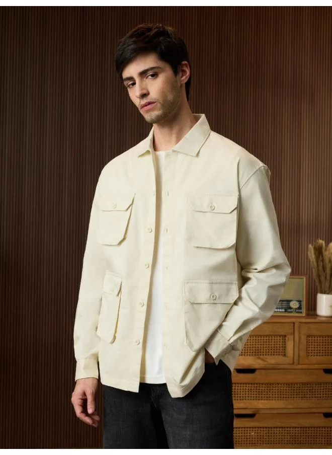 ذا سوليد ستور The Souled Store Men Utility Overshirt: Ecru Solid Oversized Overshirts