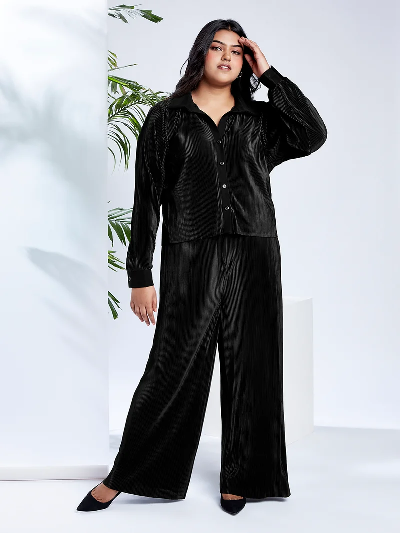 Globus Gloplus Women Black Self Design Accordion Pleats Shirt Style Top with Wide Leg Trousers Plus Size Party Co-Ord Set