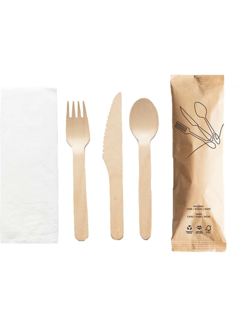 Ambalaj Pazarı Packaging Market Kraft Paper Packaged Wooden Fork Knife Spoon Napkin Set - 50 Pcs