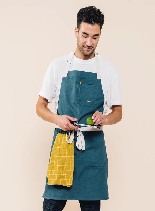 Caldo Daily Cotton Kitchen Apron for Cooking- Mens and Womens Professional Chef or Server Bib Apron - Adjustable Straps with Pockets and Towel Loop (Spruce) - Image 4
