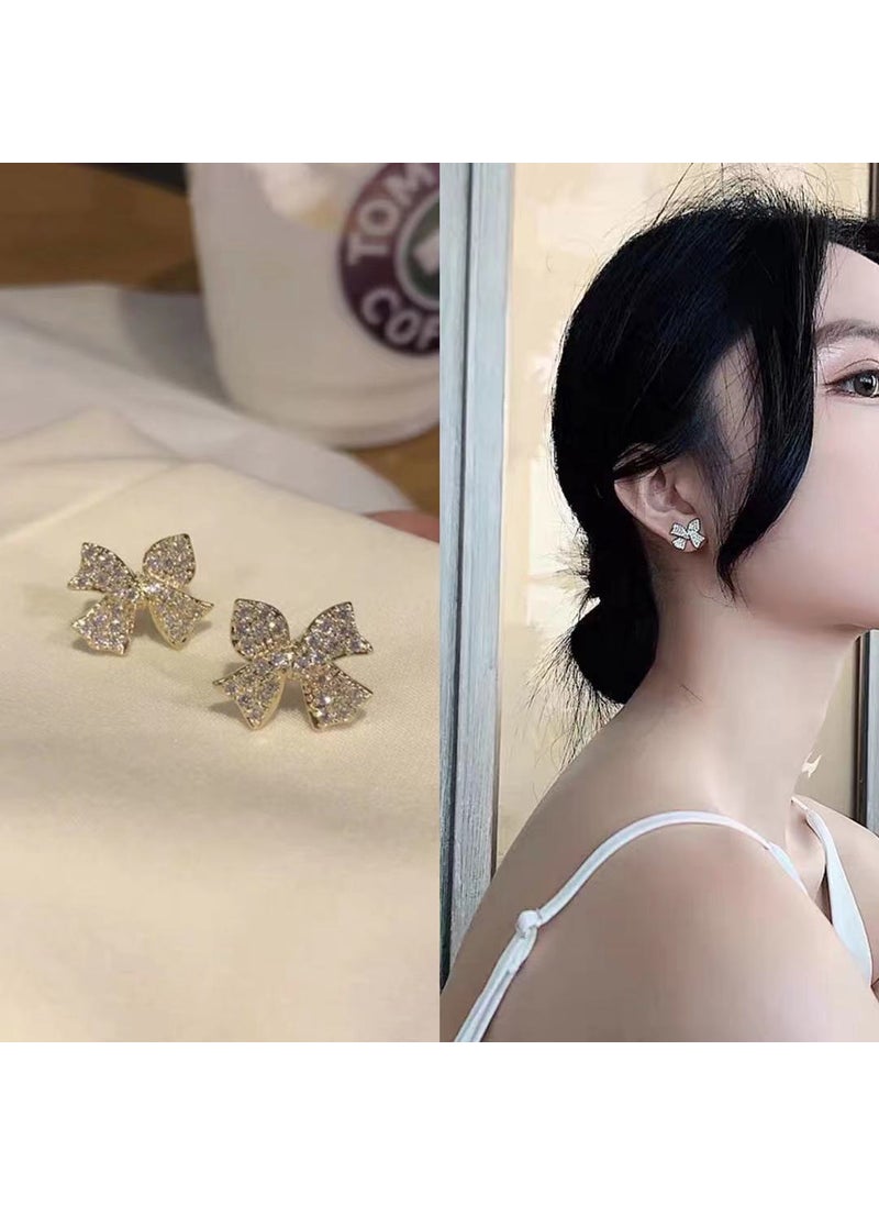 Generic - S925 Sterling Silver Needle Butterfly Knot Small Stud Earrings Elegant Versatile Diamond Embedded Womens Fashion Jewelry 3539A golden white diamond [silver needle]] - Image 1