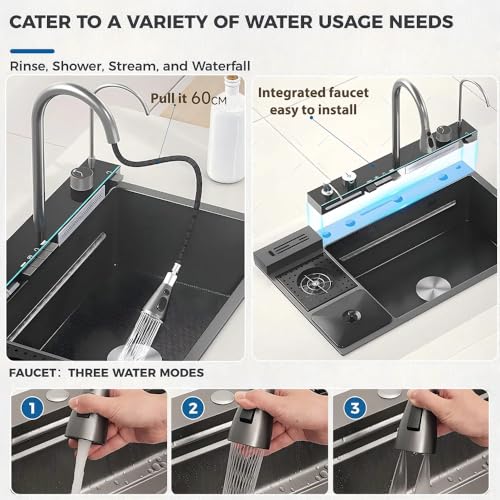 B Backline Single Bowl Kitchen Sink - 32" X 19" X 9" Inches | Smart Kitchen Sink With Waterfall Tap & Dustbin | 304-Grade Stainless | All In One Sink With All Accessories - Black Matt Color - Image 4