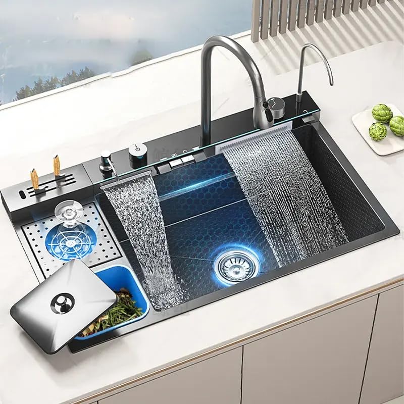 B Backline Single Bowl Kitchen Sink - 32" X 19" X 9" Inches | Smart Kitchen Sink With Waterfall Tap & Dustbin | 304-Grade Stainless | All In One Sink With All Accessories - Black Matt Color - Image 1