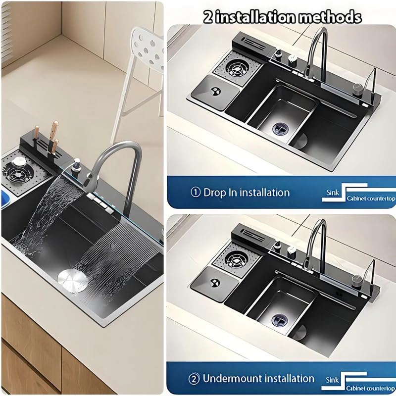 B Backline Single Bowl Kitchen Sink - 32" X 19" X 9" Inches | Smart Kitchen Sink With Waterfall Tap & Dustbin | 304-Grade Stainless | All In One Sink With All Accessories - Black Matt Color - Image 5