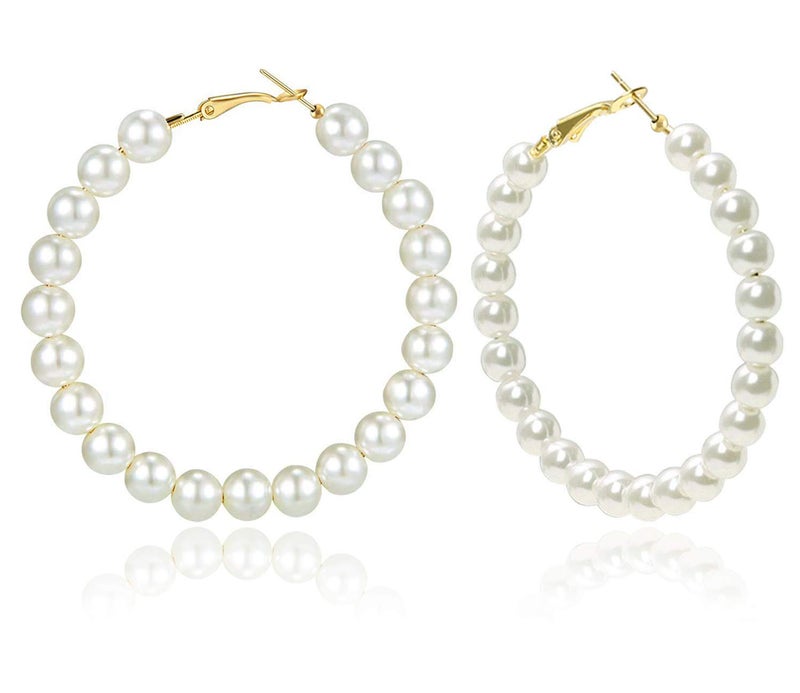 RONLLNA Pearl Hoop Earrings for Women Fashion Dangle Hypoallergenic Layer Earrings Drop Dangle Earrings Gifts for Women (Silver Pearl hoop) - Image 1