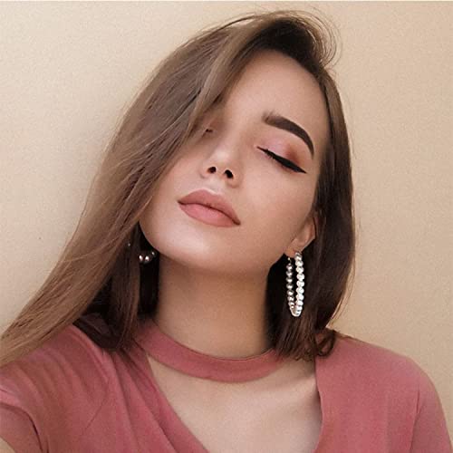 RONLLNA Pearl Hoop Earrings for Women Fashion Dangle Hypoallergenic Layer Earrings Drop Dangle Earrings Gifts for Women (Silver Pearl hoop) - Image 2