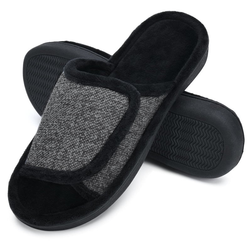 DL Adjustable Mens Slippers Memory Foam, Open Toe House Slippers For Men Comfy Indoor Outdoor, Cozy Breathable Slide Bedroom Velcor Slippers Size 9-10 Light Grey Black - Image 1