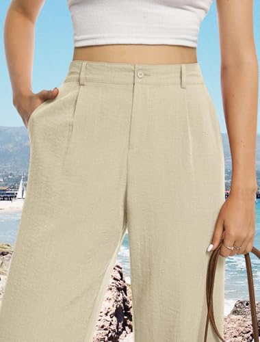Feiersi Womens Casual Wide Leg Pants High Waisted Button Down Straight Long Trousers Palazzo Pants(Light Khaki,Medium) - Image 2