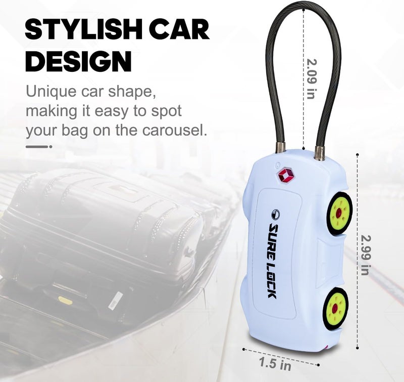 SURE LOCK TSA Approved Luggage Locks, 4 Digit Combination Travel Luggage Locks Resettable Code Lock with Zinc Alloy Body for Suitcase, Toolbox, Backpack, Bag, Gym Locker Car Shape Design 1 Pack White - Image 5