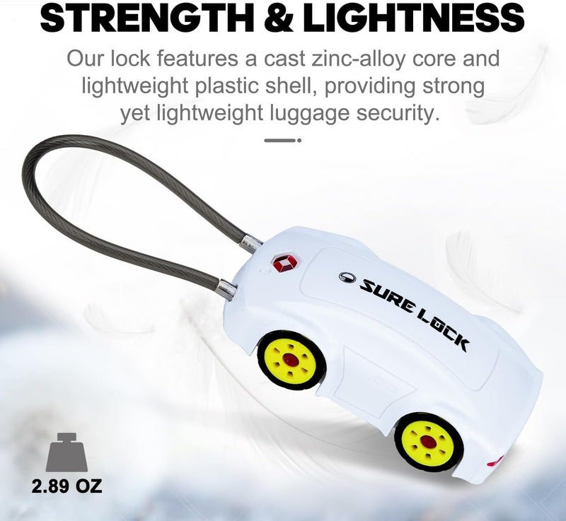SURE LOCK TSA Approved Luggage Locks, 4 Digit Combination Travel Luggage Locks Resettable Code Lock with Zinc Alloy Body for Suitcase, Toolbox, Backpack, Bag, Gym Locker Car Shape Design 1 Pack White - Image 3
