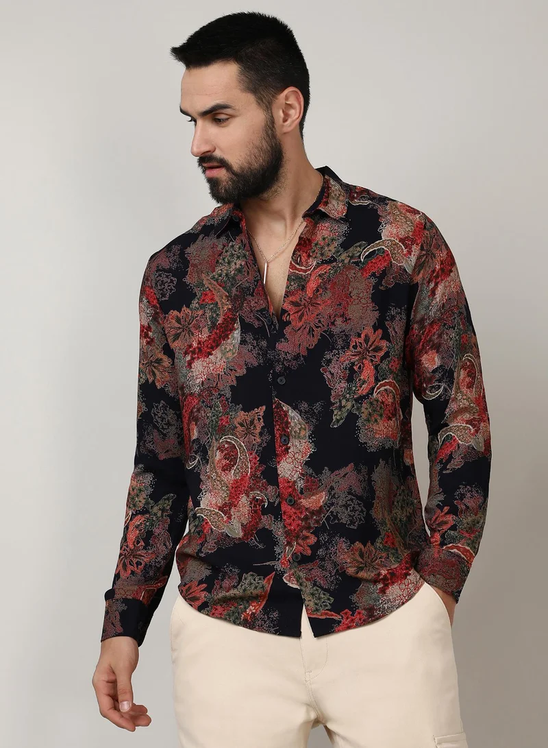 Campus Sutra Campus Sutra Men's Crimson Red & Midnight Black Paisley Flora Shirt For Casual Wear | Spread Collar | Long Sleeve | Button Closure | Shirt Crafted With Comfort Fit For Everyday Wear