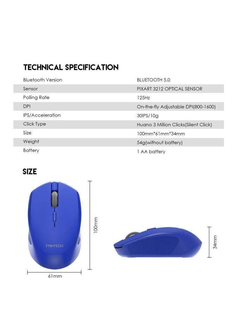 فانتيك ماوس أزرق للمكتب W190 بمفتاح صامت يمكن استخدامه بكلتا اليدين، يدعم كلاً من البلوتوث واللاسلكي بتردد 2.4 جيجا هرتز - Image 5