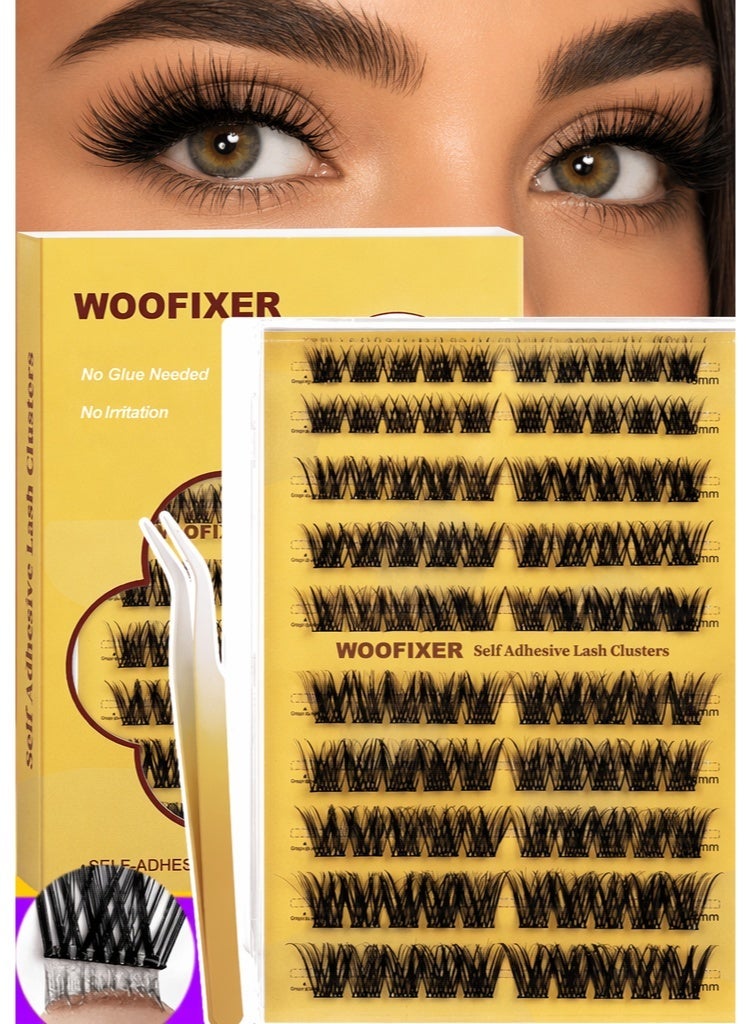 Woofixer 100 PCS Self Adhesive Eyelashes Clusters Kit Lash Clusters DIY False Eyelashes D Curl Pre Glued with Tweezers for Beginners, Press On Glueless Lash Extension Kit 10 to 16mm, No Glue Needed No Remover No Residue - Image 1