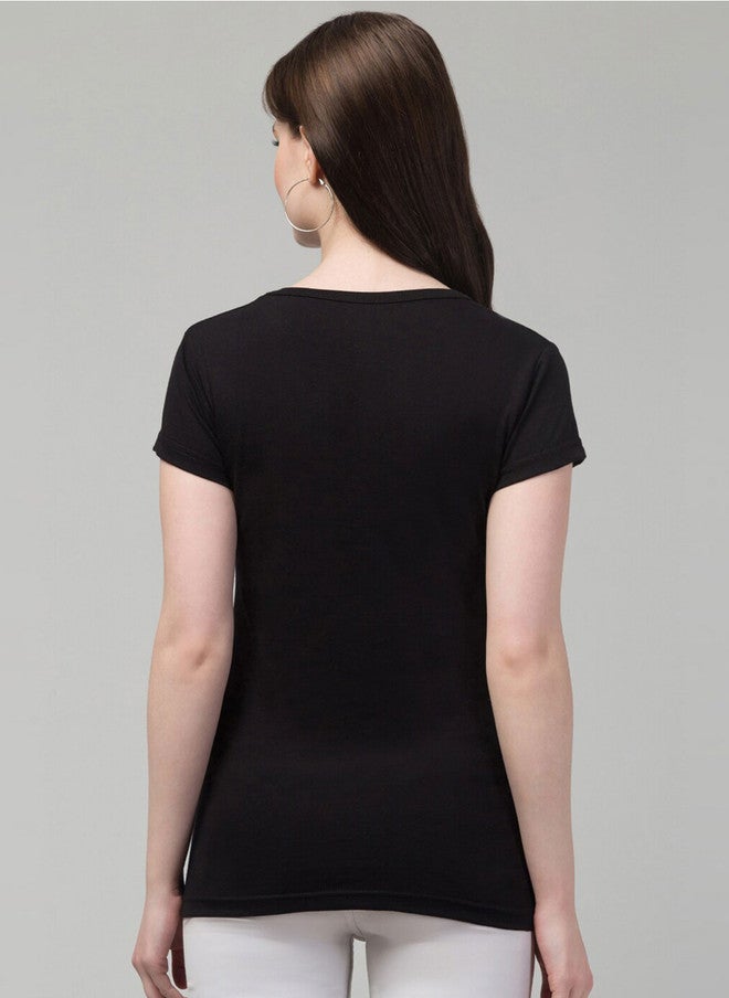 TREND LEVEL Black Typography Printed Cotton T-shirt for Women - Image 4