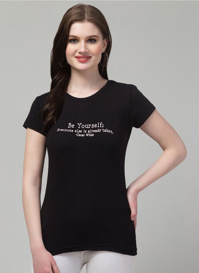 TREND LEVEL Black Typography Printed Cotton T-shirt for Women - Image 1