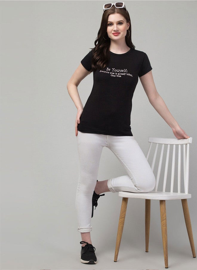 TREND LEVEL Black Typography Printed Cotton T-shirt for Women - Image 5