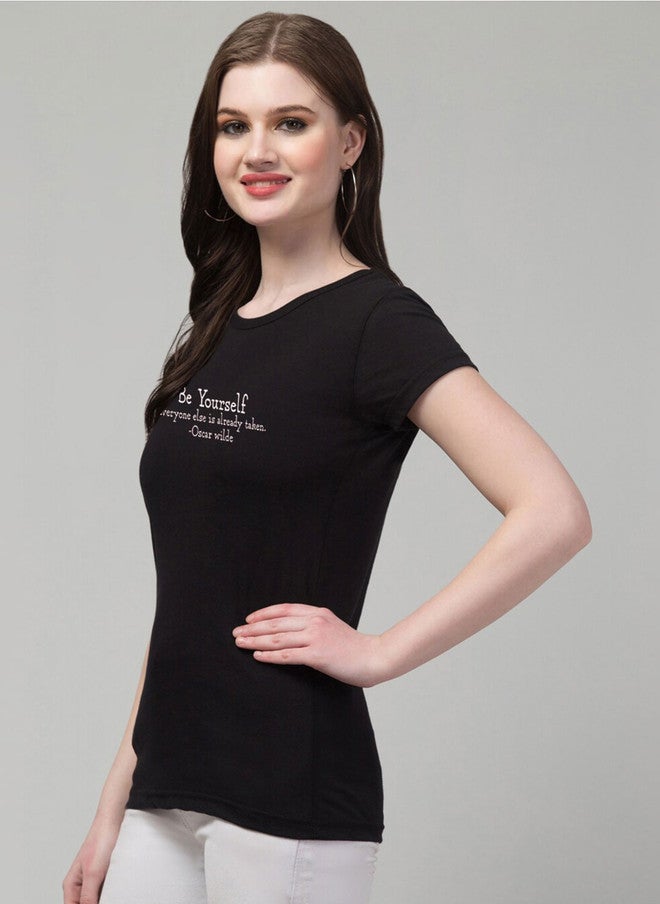 TREND LEVEL Black Typography Printed Cotton T-shirt for Women - Image 3