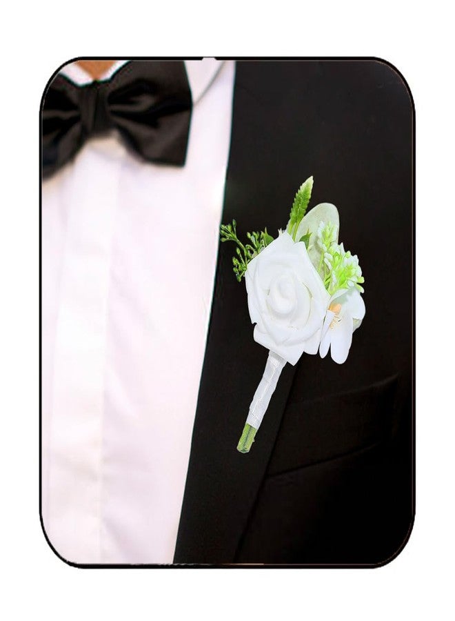 Latious Wedding Rose Boutonniere Groommans Flower Buttonholes Prom Suit Decoration for Men (White) - Image 1