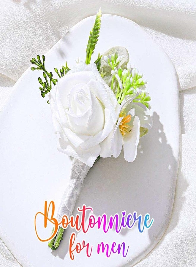Latious Wedding Rose Boutonniere Groommans Flower Buttonholes Prom Suit Decoration for Men (White) - Image 2