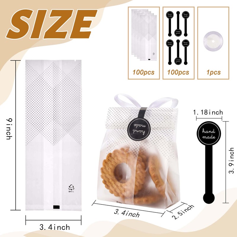 YunKo Cookie Bags for Gift Giving Clear Cellophane Treat Bags for Favors Mini Loaf, Bundt Cake, Hot Cocoa Bomb Packaging With Stickers(100PACK, Black Dot) - Image 3