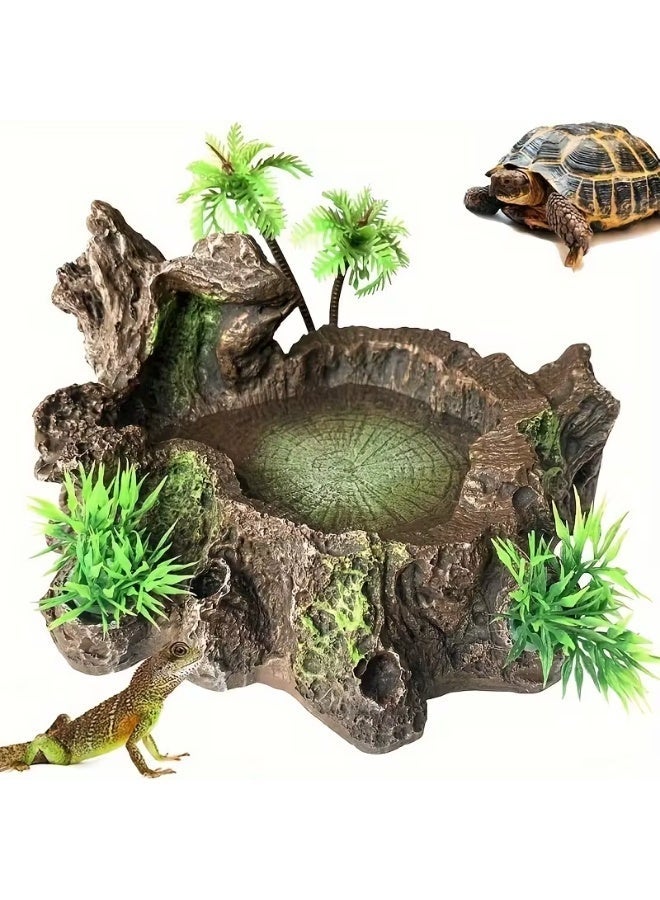 sharjah pigeon Reptile Water Bowls – Resin Water & Food Dish with Platform & Artificial Plant for Bearded Dragons, Lizards, Geckos, Frogs & Snakes - Image 1