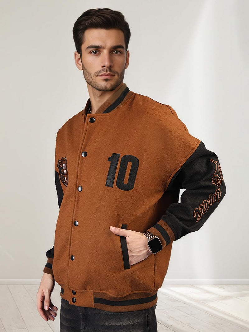 CHKOKKO Men’s Oversized Varsity Jacket with Snap Button Closure and Patch Design Trendy Comfortable Outerwear for College Travel and Casual Wear GoldenBrown 3XL - Image 5