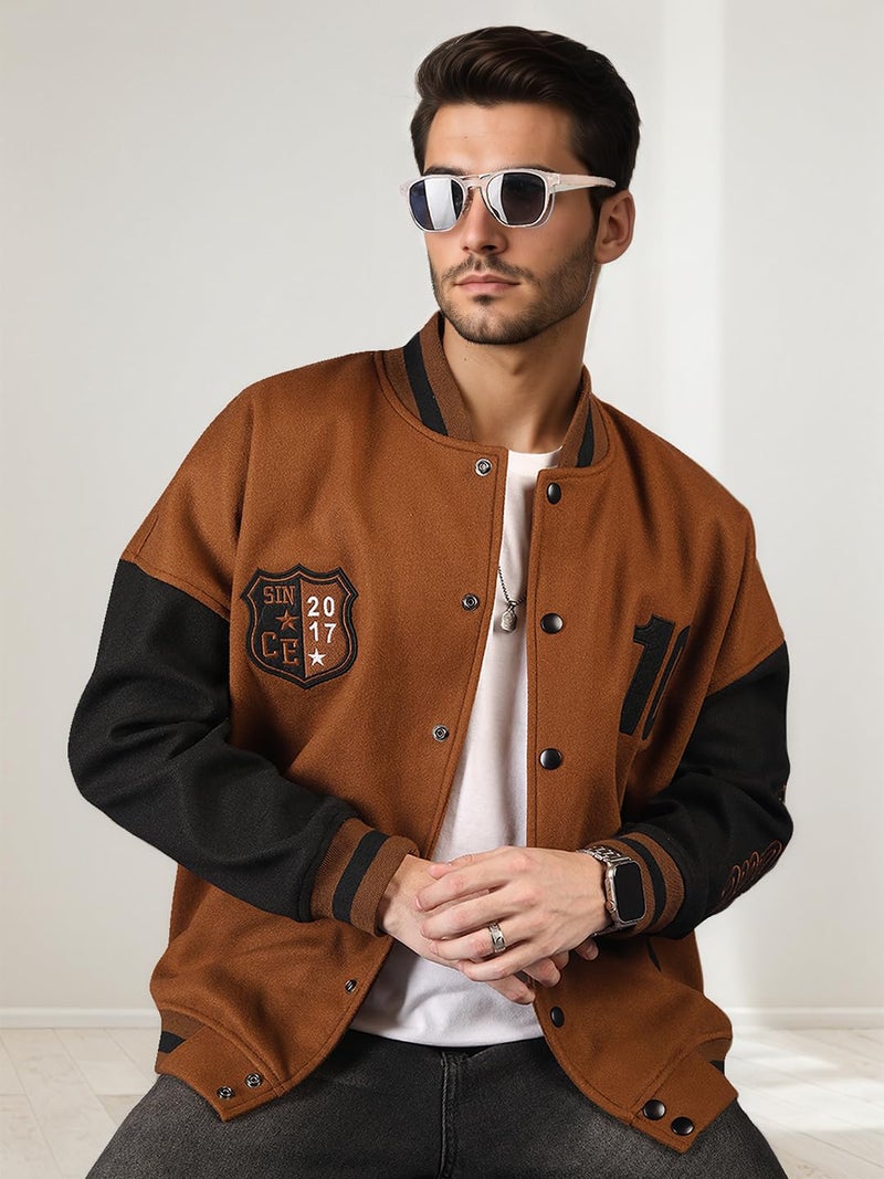 CHKOKKO Men’s Oversized Varsity Jacket with Snap Button Closure and Patch Design Trendy Comfortable Outerwear for College Travel and Casual Wear GoldenBrown 3XL - Image 2