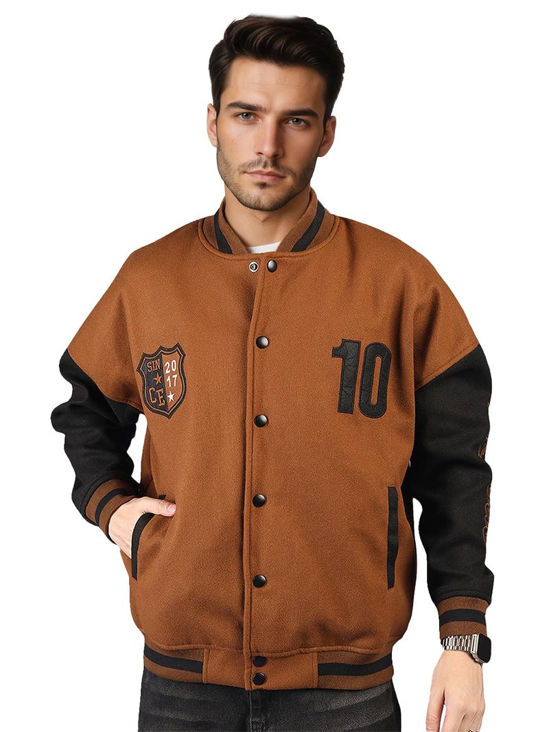 CHKOKKO Men’s Oversized Varsity Jacket with Snap Button Closure and Patch Design Trendy Comfortable Outerwear for College Travel and Casual Wear GoldenBrown 3XL - Image 1
