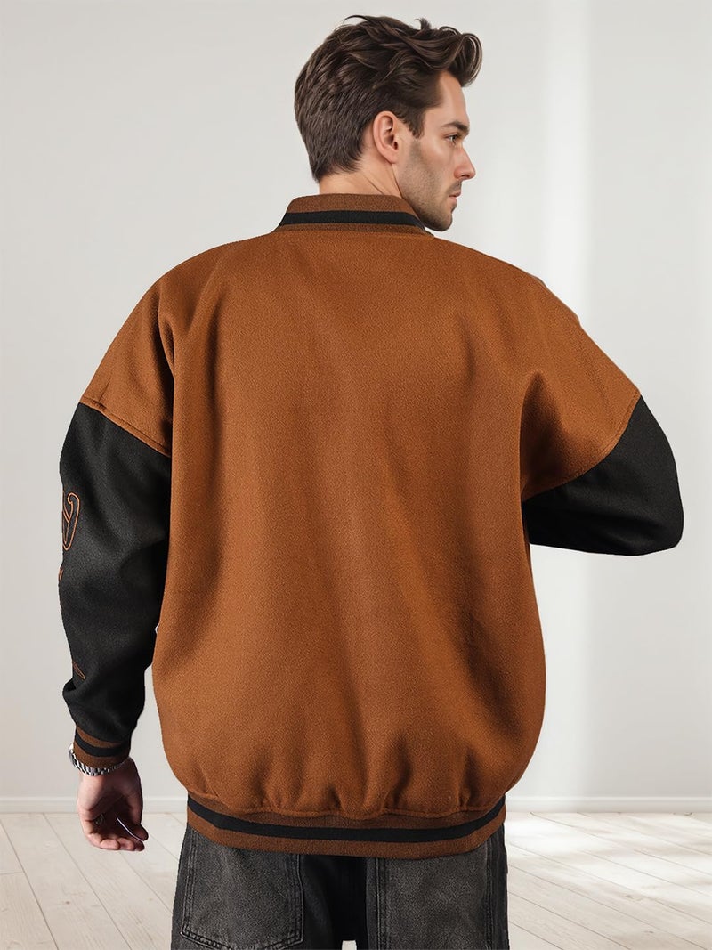 CHKOKKO Men’s Oversized Varsity Jacket with Snap Button Closure and Patch Design Trendy Comfortable Outerwear for College Travel and Casual Wear GoldenBrown 3XL - Image 3