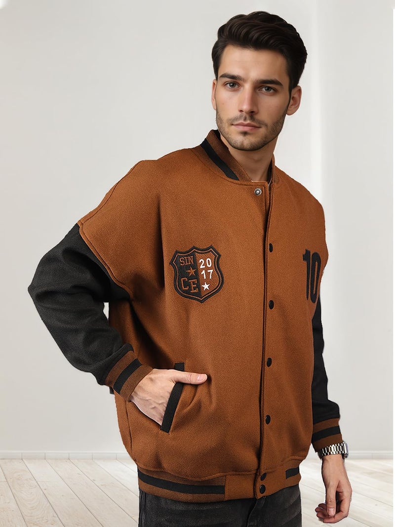 CHKOKKO Men’s Oversized Varsity Jacket with Snap Button Closure and Patch Design Trendy Comfortable Outerwear for College Travel and Casual Wear GoldenBrown 3XL - Image 4