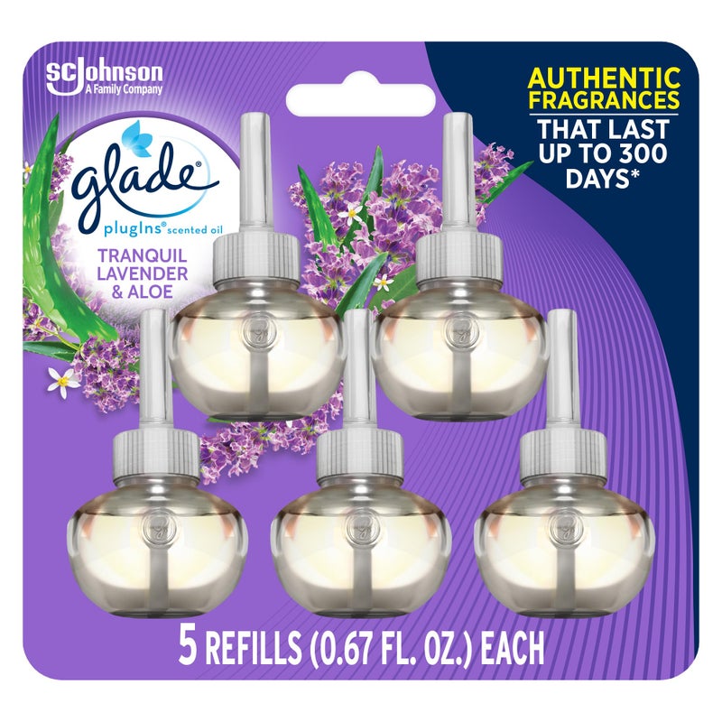 Glade PlugIns Refills Air Freshener, Scented and Essential Oils for Home and Bathroom, Tranquil Lavender & Aloe, 3.35 Fl Oz, 5 Count - Image 1