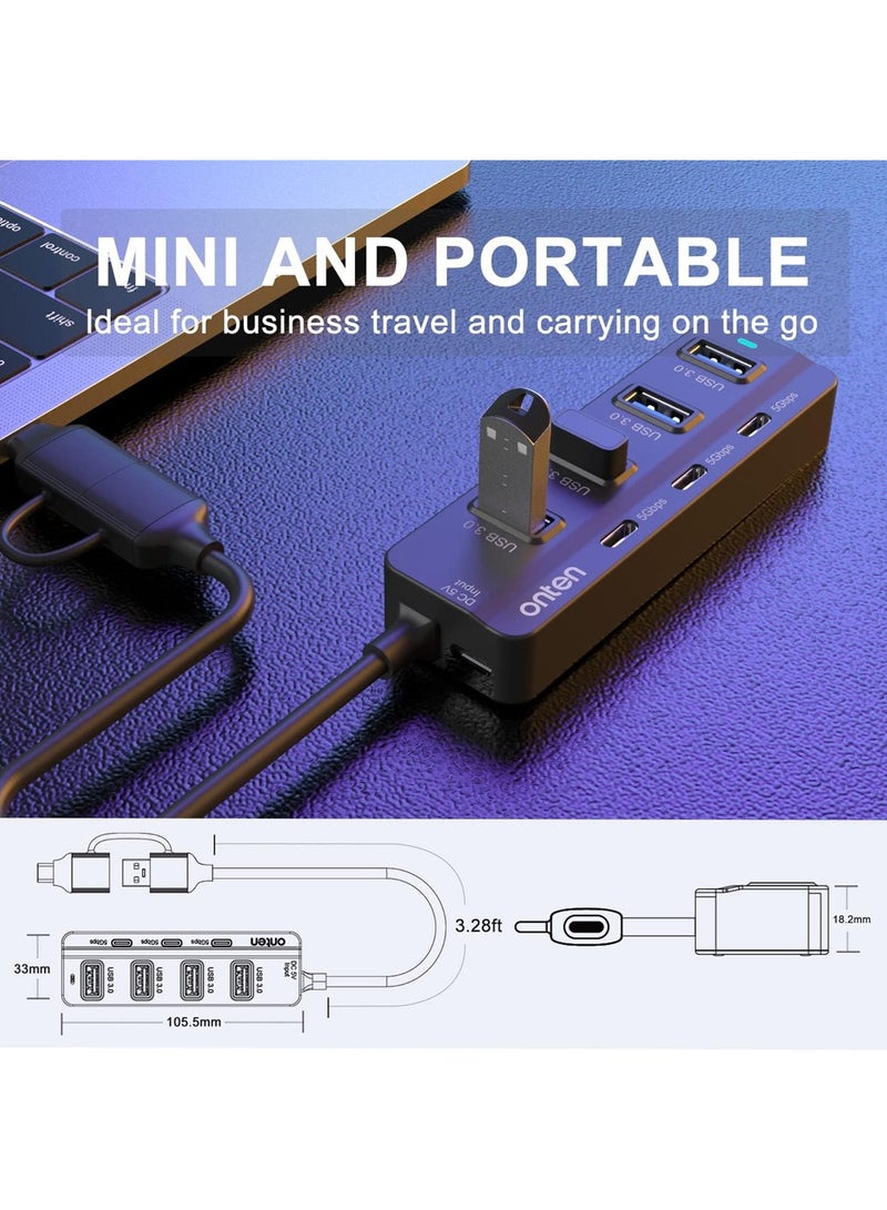 onten USB C Hub,7 Ports USB3.0 to USB-C HUB with a USB C to USB 3.0 Adapter. 3.2ft Cable 4*USB3.0 Ports,3*USB C Ports forThunderbolt 3/4 MacBook Surface Pro and More USB/USB C Devices - Image 4