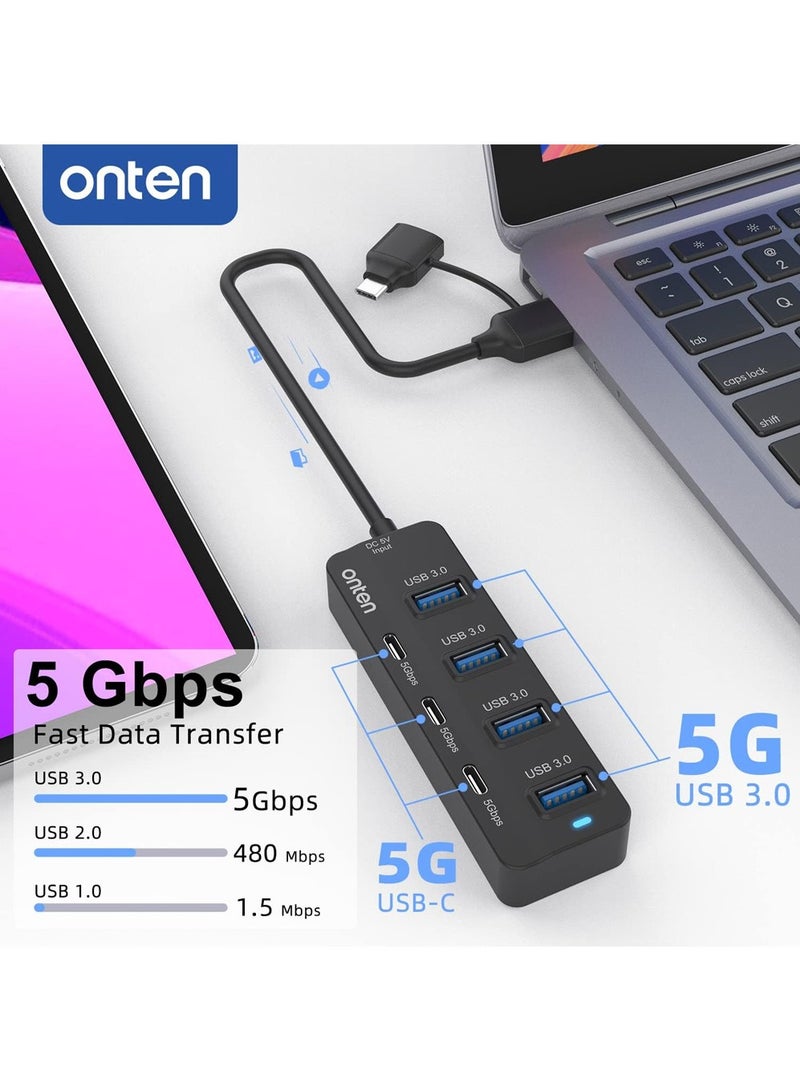 onten USB C Hub,7 Ports USB3.0 to USB-C HUB with a USB C to USB 3.0 Adapter. 3.2ft Cable 4*USB3.0 Ports,3*USB C Ports forThunderbolt 3/4 MacBook Surface Pro and More USB/USB C Devices - Image 2