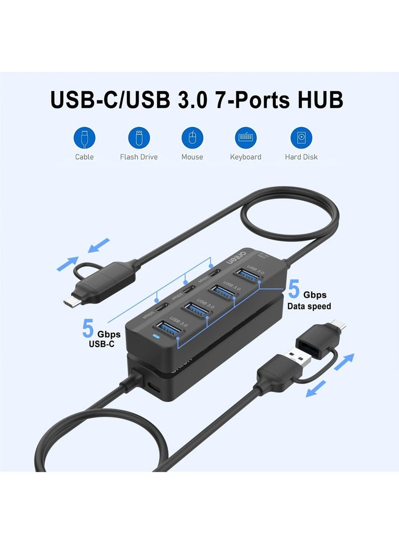 onten USB C Hub,7 Ports USB3.0 to USB-C HUB with a USB C to USB 3.0 Adapter. 3.2ft Cable 4*USB3.0 Ports,3*USB C Ports forThunderbolt 3/4 MacBook Surface Pro and More USB/USB C Devices - Image 5