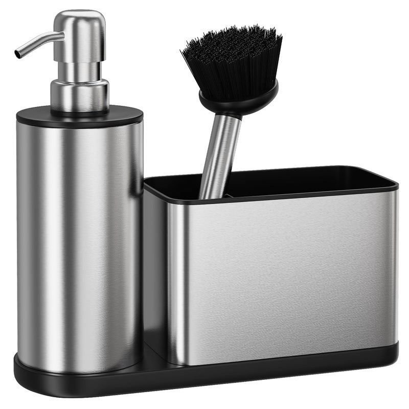 ODesign Kitchen Soap Dispenser Set - 3 in 1, Stainless Steel Dish Soap Dispenser with Sponge Holder, Dish Brush & Brush Holder, Kitchen Sink Caddy Organizer for Countertop - Rustproof, Non-Slip - Image 1