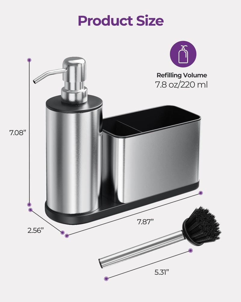 ODesign Kitchen Soap Dispenser Set - 3 in 1, Stainless Steel Dish Soap Dispenser with Sponge Holder, Dish Brush & Brush Holder, Kitchen Sink Caddy Organizer for Countertop - Rustproof, Non-Slip - Image 2