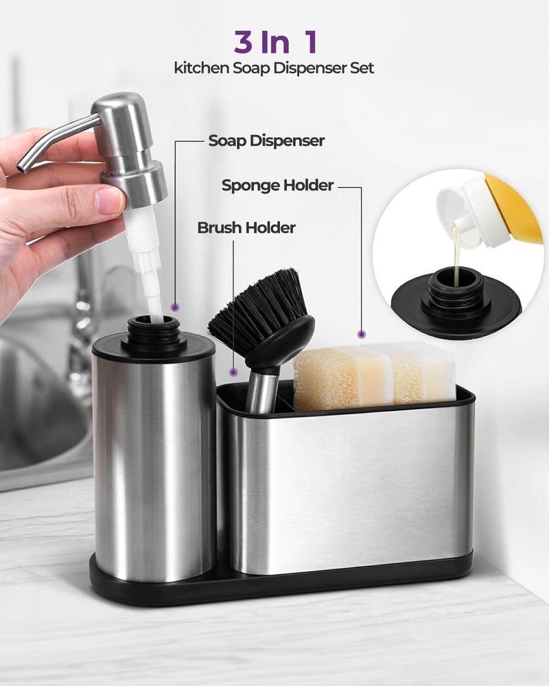 ODesign Kitchen Soap Dispenser Set - 3 in 1, Stainless Steel Dish Soap Dispenser with Sponge Holder, Dish Brush & Brush Holder, Kitchen Sink Caddy Organizer for Countertop - Rustproof, Non-Slip - Image 3