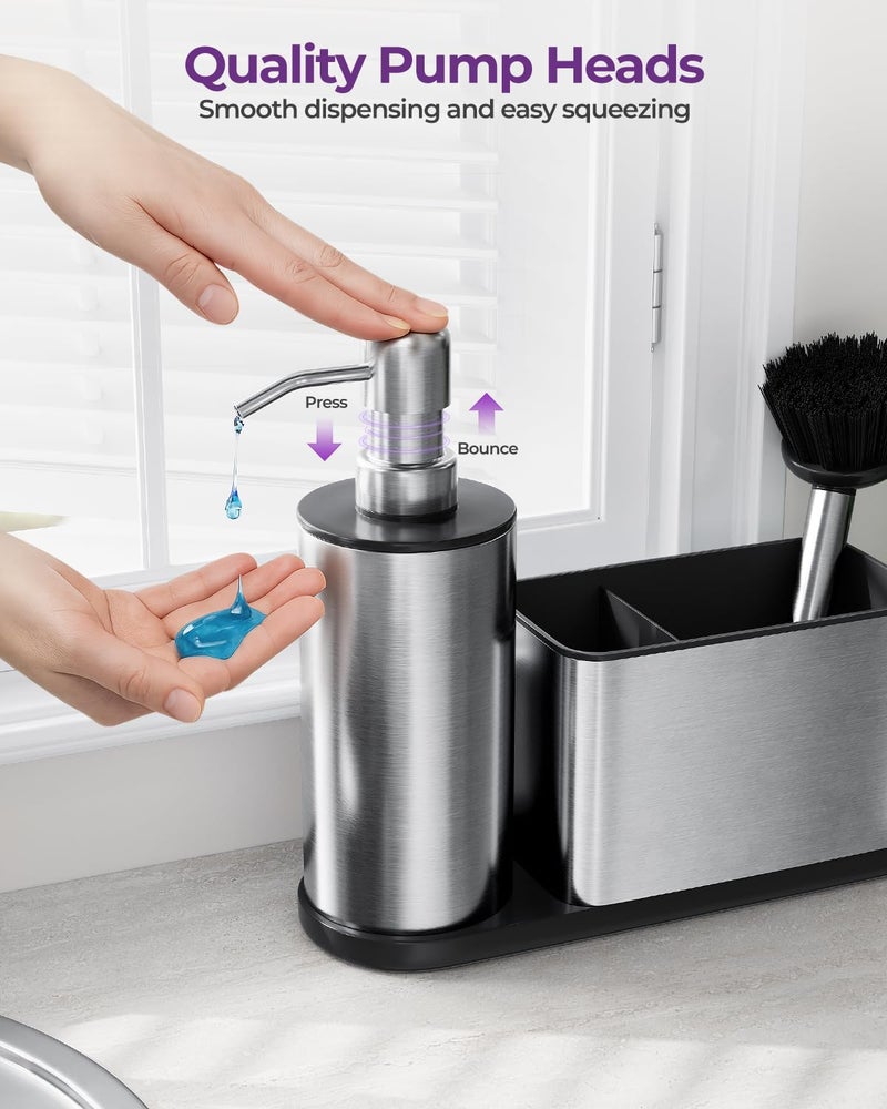 ODesign Kitchen Soap Dispenser Set - 3 in 1, Stainless Steel Dish Soap Dispenser with Sponge Holder, Dish Brush & Brush Holder, Kitchen Sink Caddy Organizer for Countertop - Rustproof, Non-Slip - Image 5