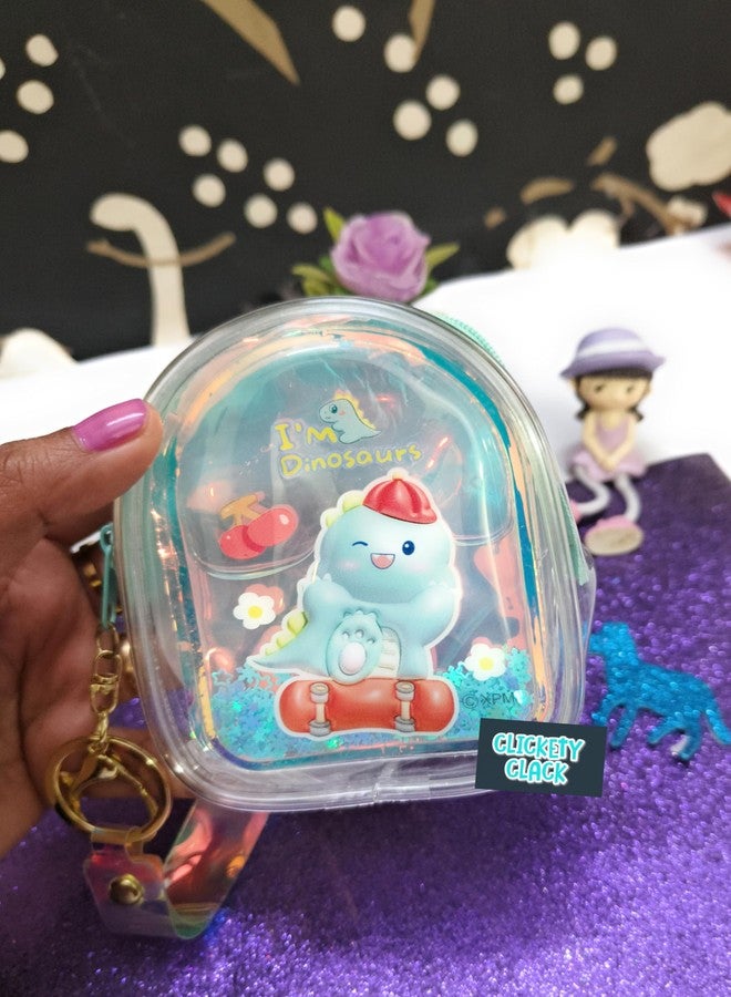 CLICKETY CLACK™ Attractive cute cartoon Water Glitter Liquid Holographic small purse with Keychain Strap/Gifting option for loved ones birthday theme parties return gift favour (Pack-1) (Dino) - Image 3