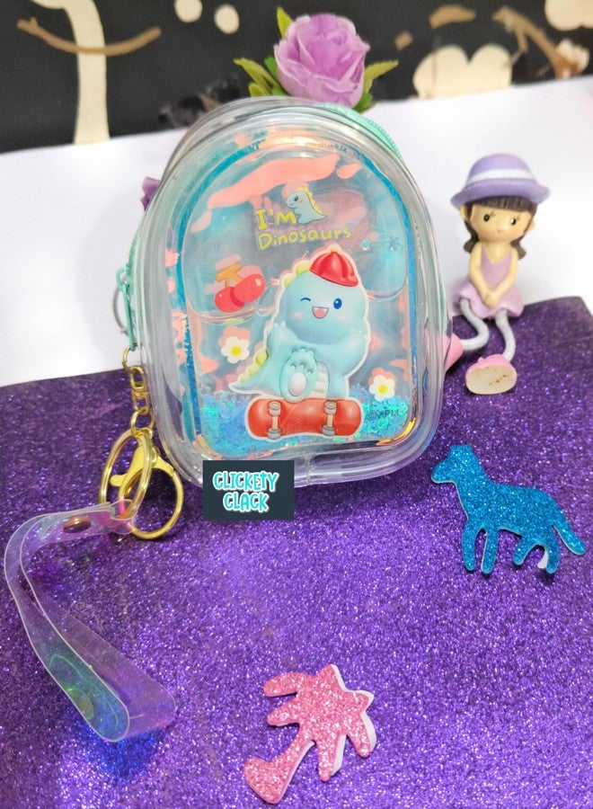 CLICKETY CLACK™ Attractive cute cartoon Water Glitter Liquid Holographic small purse with Keychain Strap/Gifting option for loved ones birthday theme parties return gift favour (Pack-1) (Dino) - Image 1