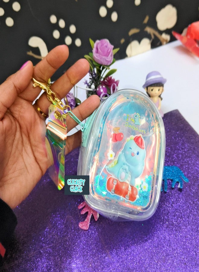 CLICKETY CLACK™ Attractive cute cartoon Water Glitter Liquid Holographic small purse with Keychain Strap/Gifting option for loved ones birthday theme parties return gift favour (Pack-1) (Dino) - Image 2