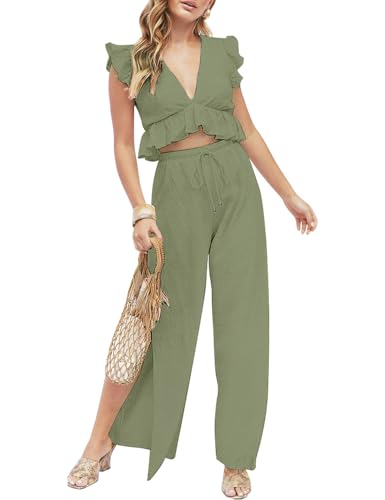 FANCYINN Womens 2 Pieces Outfits Deep V Neck Crop Top St Patricks Day Shirt Side Slit Drawstring Wide Leg Pants Set Jumpsuits Olive Green M - Image 2