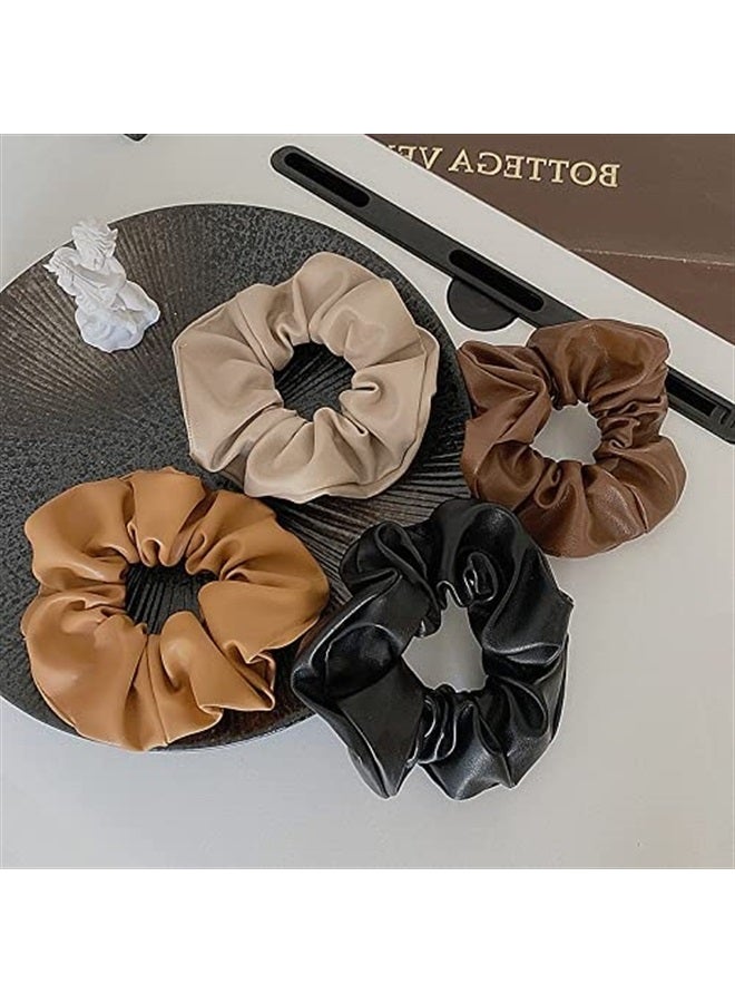 Big Hair Scrunchies for Women Girls 4 Pcs Soft Leather Scrunchies Ponytail Holders for Thick Hair Rubber Bands for Womens Elastic Hair Ties