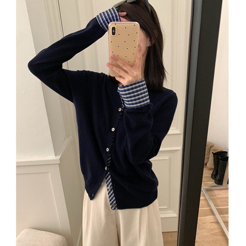Contrast Color Stitching Fake Two-Piece Design Sense Long-Sleeved Knitted Cardigan Autumn And Autumn New Round Neck Sweater Coat Top Outer Wear - Image 4