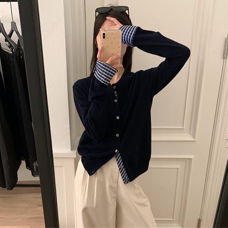 Contrast Color Stitching Fake Two-Piece Design Sense Long-Sleeved Knitted Cardigan Autumn And Autumn New Round Neck Sweater Coat Top Outer Wear - Image 5